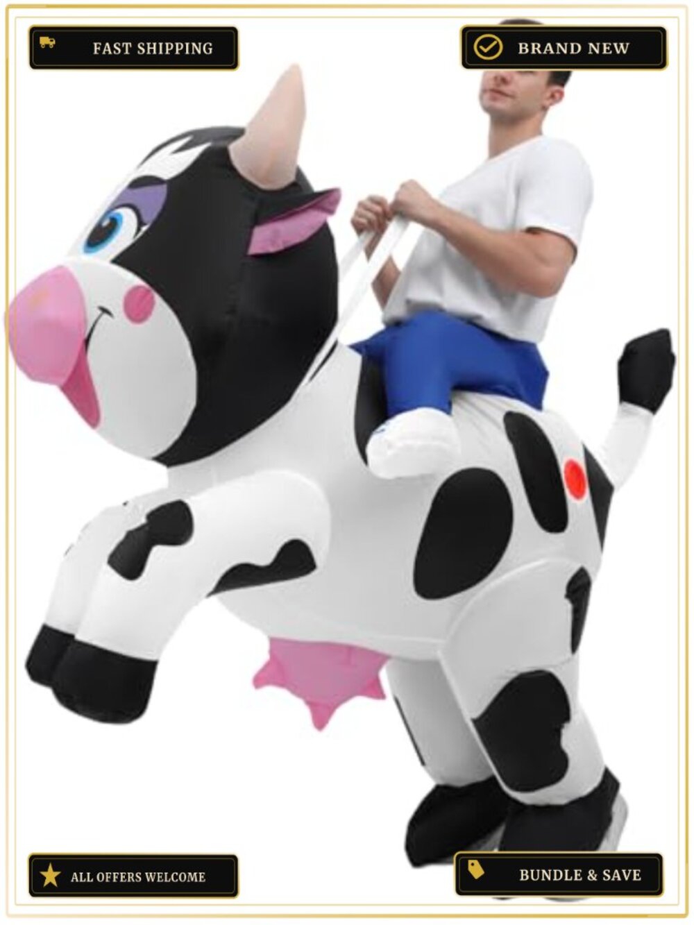 Adult Inflatable Ride On Cow Costume Polyester Blow Up Fancy Dress